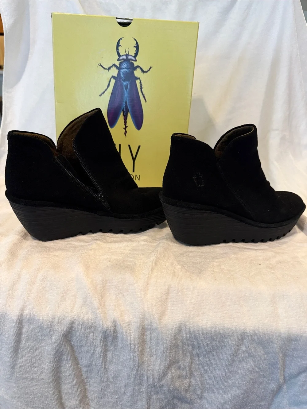 Fly London Black Suede Wedge Ankle Booties